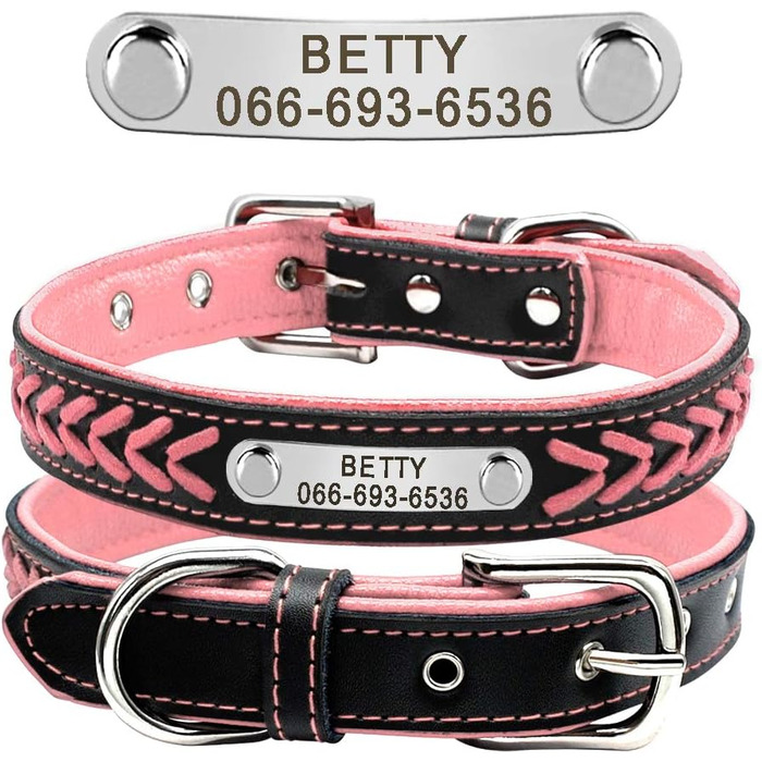 Шкіряний нашийник для собак та котів Berry з регулюванням та іменником, Rosa (L: 37-47 см)