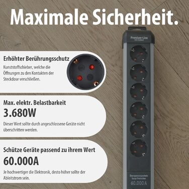 Бренненштуль Premium-Protect-Line Мережевий фільтр 6 виходів з USB та захистом від перенапруги (розподільник з вимикачем, 3м кабель, 2 USB 3.1A, Made in Germany) Сріблястий/чорний