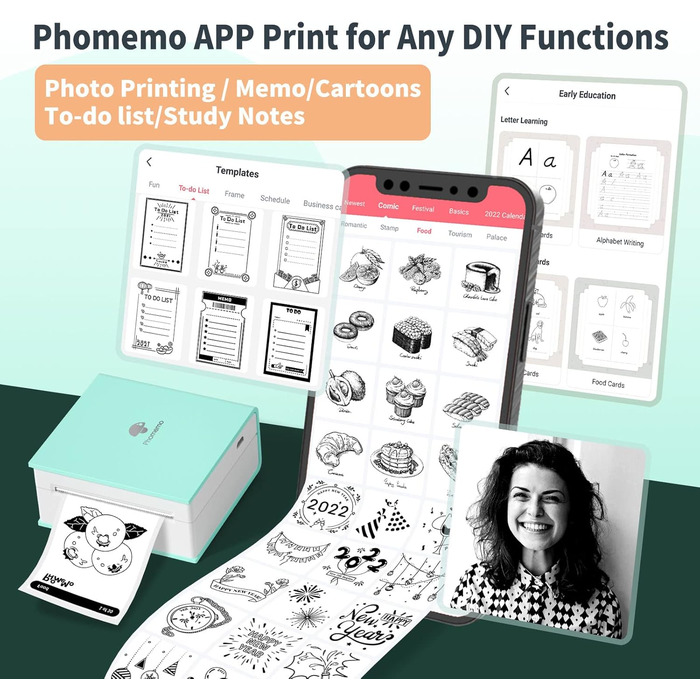 Портативний термопринтер Phomemo M02: друк фотографій та текстів через Bluetooth (Android/iOS), для щоденників, навчання, DIY, зелений