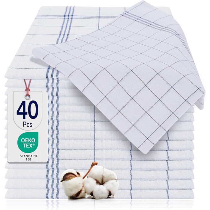 BARBONS 40-Piece Dish Towel Set, Cotton, 50x70 cm – Extremely Absorbent, Oeko-TEX Certified, Drying Towels for the Kitchen, Kitchen Hand Towels, Dishcloths, Dish Towels, Washable up to 60°C, Blue