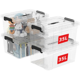 Cetomo Storage Boxes, Portable Plastic Boxes with Lids, Organizer Containers with Handle and Clips, Stackable, Nesting, for Home and Office, Transparent, 90L-3 Pack (35L*4)