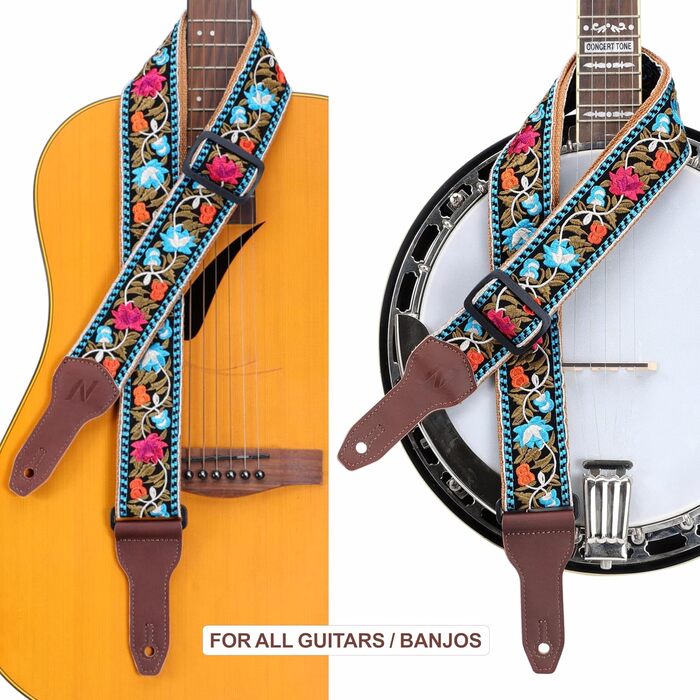 Гітарний ремінь Nefelibata Banjo-Gurt, 5,1 см, повна шкіра з телячої шкіри, вишивка квітів