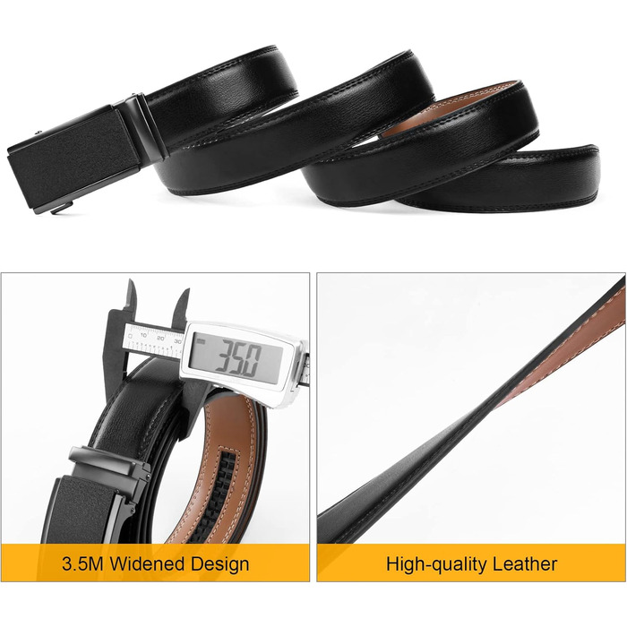 Чоловічий шкіряний ремінь Flintronic з автоматичною пряжкою, ширина 3.5 см, довжина 130 см, з лінійкою та брелоком, чорний