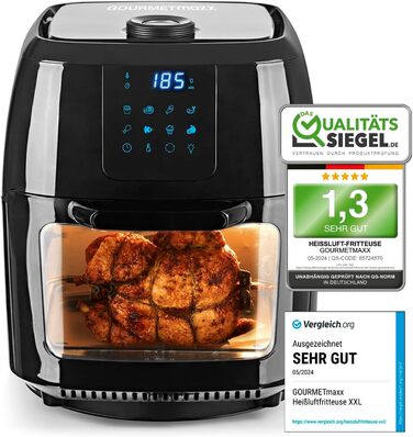 Gourmetmaxx Digital Hot Air Fryer XXL - 9L Oven | Air Fryer with Timer Function, Touch Display, Rotisserie, Skewers | Low-Fat, Energy-Saving Frying | 8 Programs, 1800 W Black 9 Liters