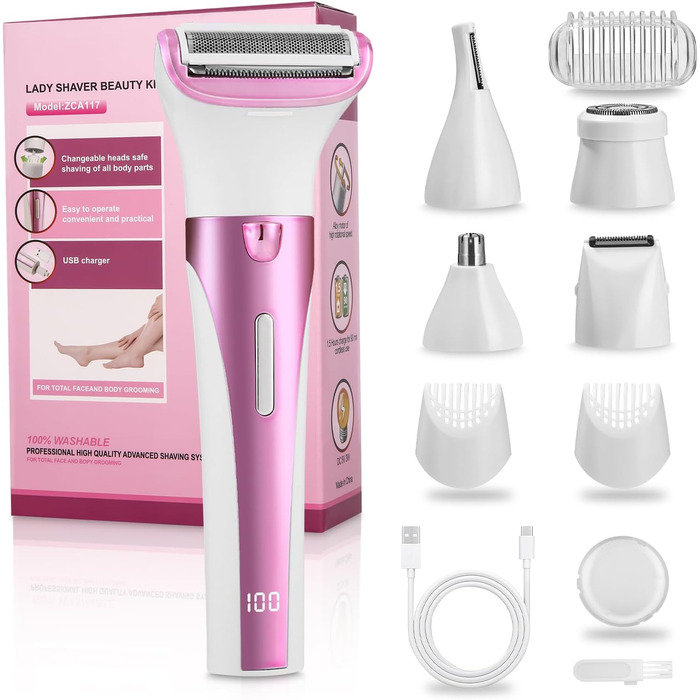 Електричний жіночий тример 5-в-1 для тіла, бікіні, брів та носа. USB-зарядка. Білий (фіолетовий)