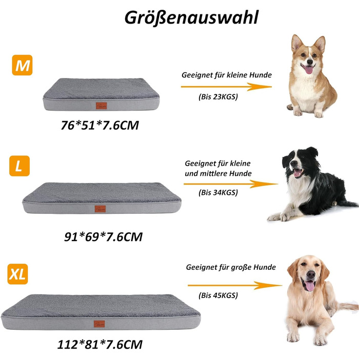 Килимок для собак Caliyo, середнього розміру, 91x69x7.6 см, з Memory Foam, сірий, можна прати