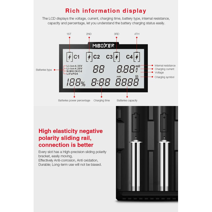 Зарядний пристрій LGIDTECH C4 MiBOXER для акумуляторів 18650 з автозарядкою та LCD дисплеєм (AA, AAA, C, 26650, 16340, 18500, 18350, 17670, RCR123, Li-ion, IMR, INR, ICR, NI-MH, NI-Cd, LiFePO4)