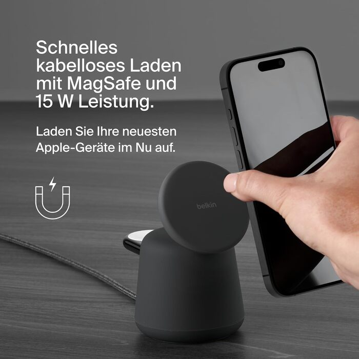 Беспроводная зарядная станция Belkin BoostCharge Pro 2-в-1 Qi2 15W MagSafe для iPhone, Apple Watch, AirPods (вугільний)