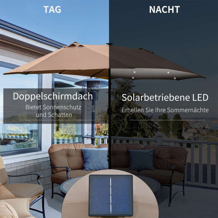 Сонцезахисний парасоль від Outsunny з LED-підсвіткою, подвійний парасоль 440 x 260 см, садовий парасоль, парасоль для тераси, великий овальний з ручною рукояткою та металевим каркасом кольору хакі
