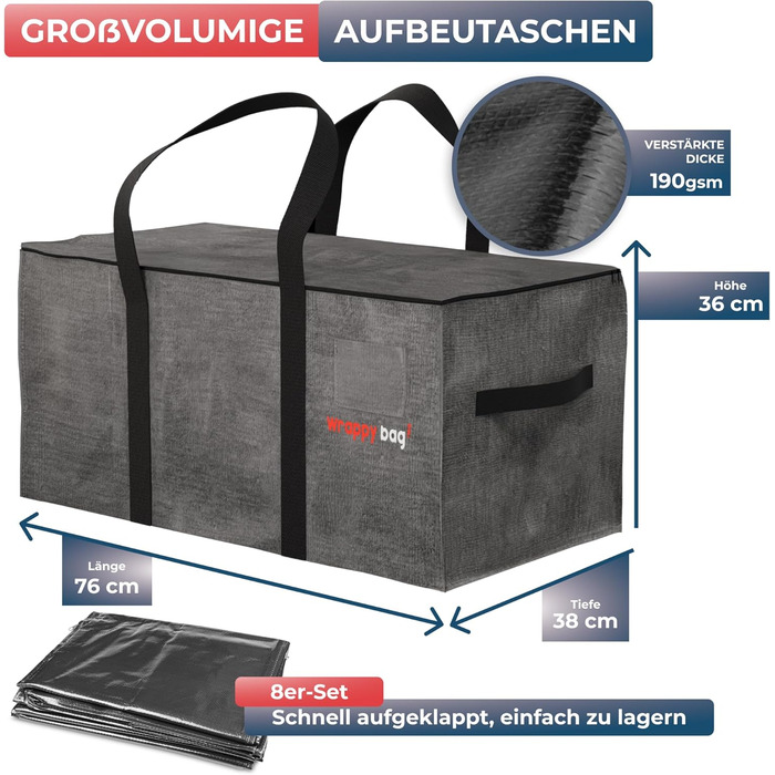 Pack of 4 Large Plastic Storage Bags – XXL Bags for Moving & Travel – Sturdy, thick & waterproof with reinforced handles – for clothing & bedding – 75 x 36 x 38 cm (Gray, 8 pieces)