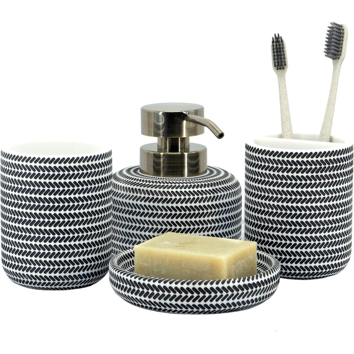 ZCCZ Bathroom Set – 4-Piece Organizer Set with Toothbrush Holder, Soap Dispenser, Cosmetic Bowl, and Cotton Swab Holder – Elegant Stone-Look Decoration, for Modern Bathrooms (Black/White)