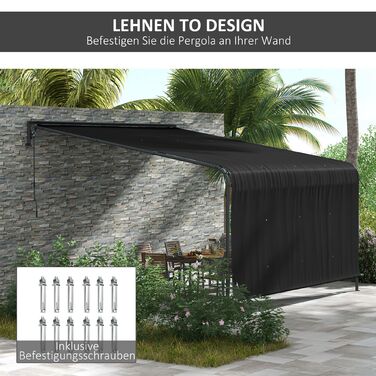 Outsunny Pergola, approx. 4 x 3 m Gazebo, Weather-Resistant Patio Cover, Wall-Mounted Garden Gazebo with Adjustable Roof, for Terrace, Balcony, Steel, Dark Grey | Aosom