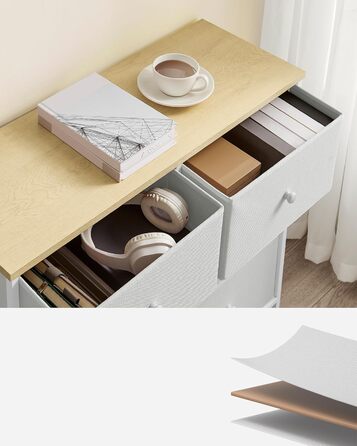 SONGMICS Chest of Drawers, Cabinet, 6 Fabric Drawers, Metal Frame, Storage Cabinet, for Children's Room, Bedroom, Hallway, Cream White-Oak Finish LTS323W57