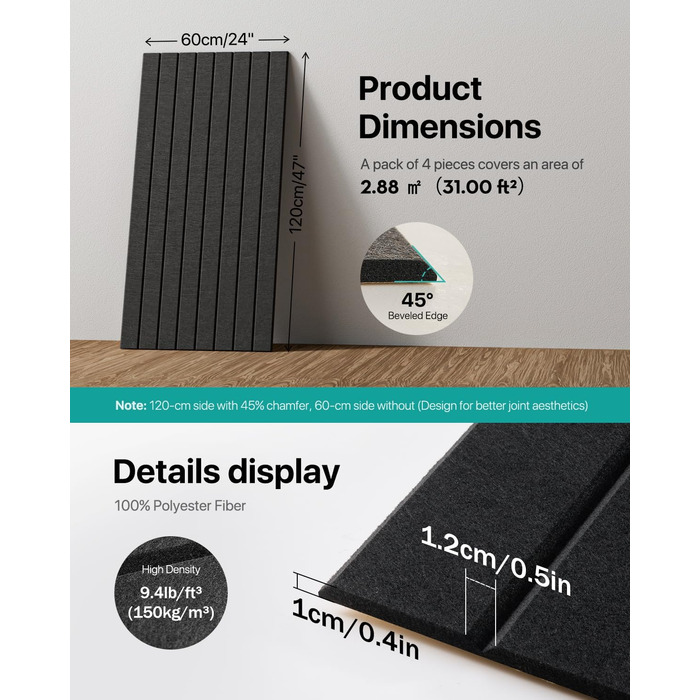 Акустичні панелі Soundsbay самоклеючі для звукоізоляції та декору стін, 120×60×0.9 см, чорні (4 шт, 2.16 м²)