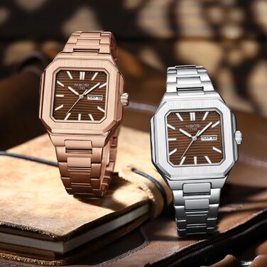 Годинник чоловічий NIBOSI: кварцовий, з нержавіючої сталі, Military, водонепроникний, квадратний, класичний, бізнес-стиль (рожево-коричневий)