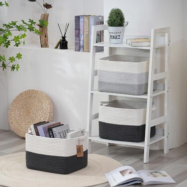 Woven cotton rope basket with handles for shelves, toys, books, fabric storage baskets for organizing, 34 x 28 x 24 cm, decorative storage basket for living room, bathroom