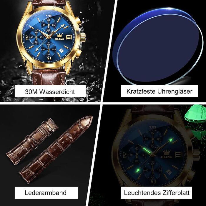 Чоловічий годинник OLEVS Vintage з шкіряним ремінцем, велике циферблат, водостійкий, аналоговий годинник з датою (2872, блакитний циферблат/коричневий ремінець)
