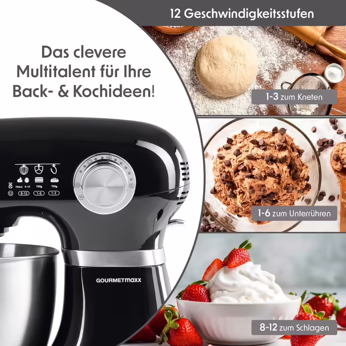 Gourmetmaxx Kitchen Machine & Mixer | Multifunctional Kitchen Helper incl. Mixing Bowl and Attachments | Powerful Mixer with Whisk and More | Electric Stand Mixer [black]