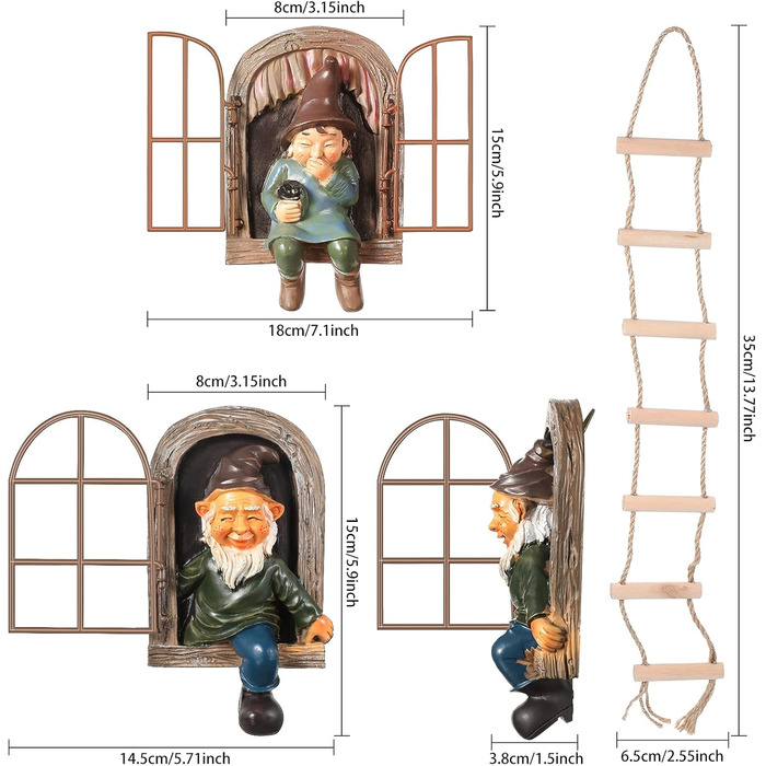 Thyle 4-Piece Garden Gnome Outdoor Tree Hugger Gnome Fairy Statue Elf Out The Door Resin Figure Hanging Ladder Decoration Tree Faces Decor Outdoor for Patio Yard Lawn