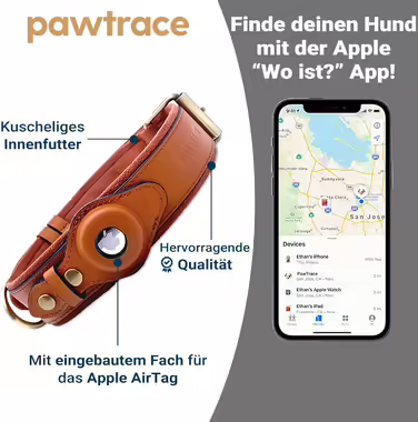 Шкіряний нашийник для собак PawTrace з тримачем для Apple AirTag, регульований, коричневий, розмір XS, GPS-трекер, для малих і великих порід
