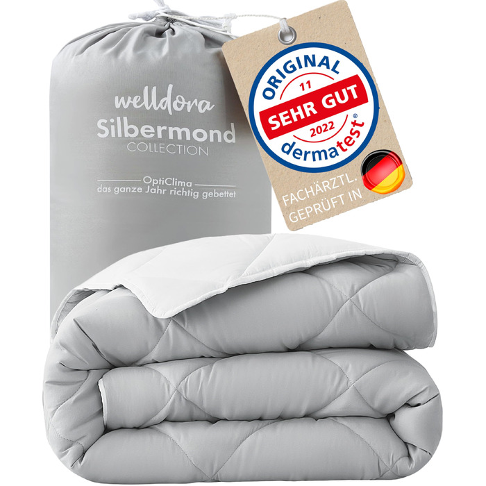 Ковдра Welldora OPTICLIMA для алергіків 200x200 см, сертифікат Oeko-Tex, Швейцарія - всесезонна, двостороння (сріблясто-біла), преміум якості