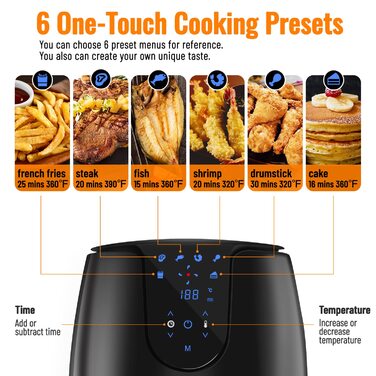 Фритюрниця без олії з 6 програмами приготування, LED-дисплей, книга рецептів, 1500W, чорна