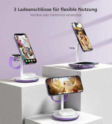 3-в-1 Бездротова Зарядка для Багатьох Пристроїв: iPhone, iWatch, AirPods (15W, MagSafe, Lila)