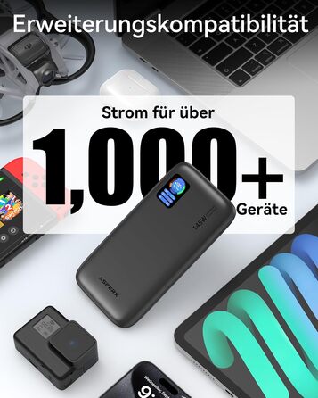 Power Bank AsperX 100W 24000mAh з LED-дисплеєм для ноутбуків, телефонів (iPhone 16/15/14 Pro), MacBook, iPad, Tablet, Steam Deck (сірий)