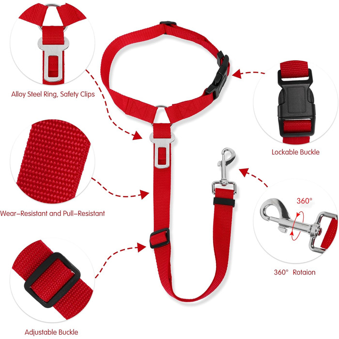 Автомобільний ремінь безпеки для собак, поводок для собак у машині, кріплення до підголівника, міцний поводок, шлейка для собак, котів та домашніх тварин (червоний)