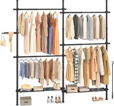 SONGMICS Telescopic Rod Clothes Rack, 3-Tier Wardrobe, Height and Width Adjustable, Open Clothes Closet with 2 Garment Rods and Removable Shelf, Grab Arm, HSR136B01 (Matte Black, 2 Rows (162B~238B) cm)