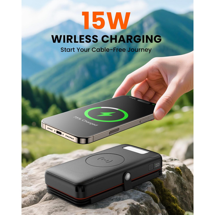 Power Bank FEELLE 27000mAh з сонячною панеллю та швидкою зарядкою 22.5W USB-C, PD 4.0, QC 3.0 для смартфонів та планшетів (Помаранчевий)
