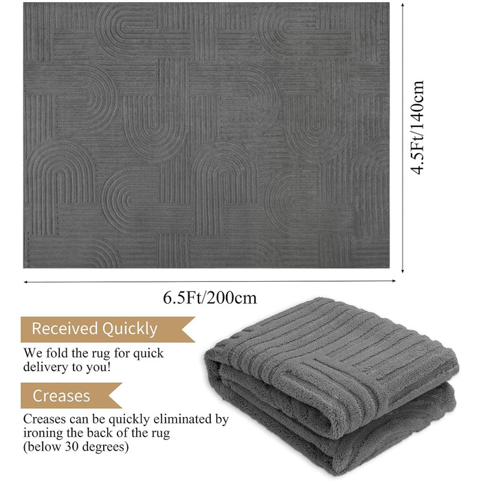 Килим для вітальні 160x230 см, великий пухнастий з коротким ворсом, миючий, сучасний, 3D ефект, антиковзаючий, для їдальні, кухні, спальні (140 x 200 см, сірий)