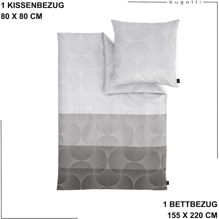 Bugatti Bedding Set 155x220 cm - 100% Cotton, Zipper Closure, Snug, Soft & Washable, Mako Satin Bedding Set Circles Graphic Gray