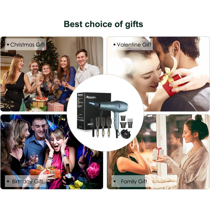 Фен Basuwell Ionen Pro 2100W з дифузором: 3 режими, 2 швидкості, інфрачервовий, AC-двигун (срібний)