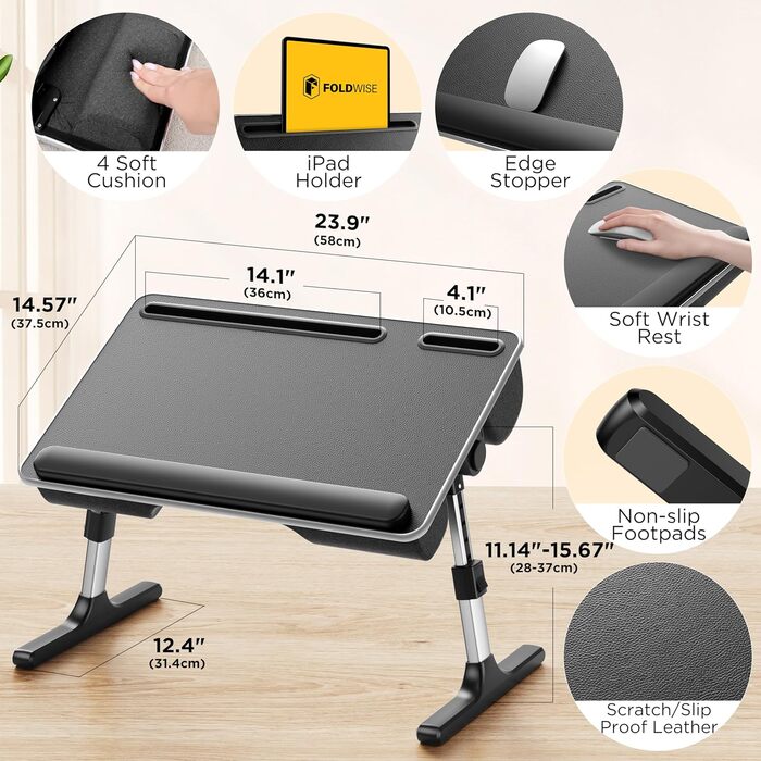 Тумбочка 2-в-1 для ліжка та дивану, регульована по висоті та нахилу, складана з подушкою, підставкою для зап'ястя, тримачем для планшета, захистом від защемлення та неслизькою шкіряною стільницею – ідеально для ліжка, дивану, крісла, чорна