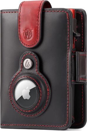 Will Fire® AirTag Wallet with Photo Pouch | Includes AirTag Attachment | Genuine Leather Wallet with Coin & Bill Compartments | Extra Secured RFID Card Holder | Space for up to (12) Cards | [Black-Red, Smooth Leather]