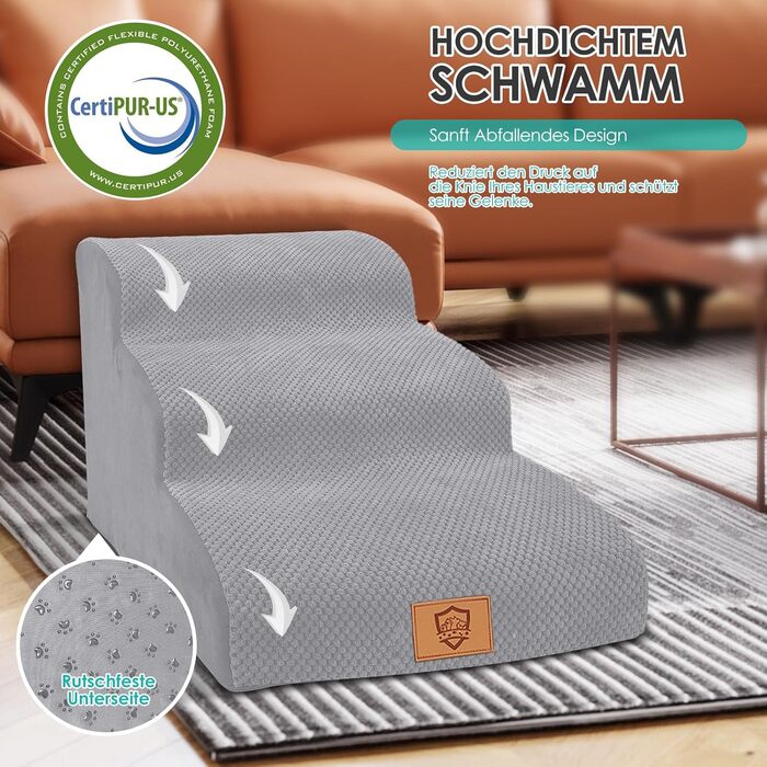 Myiosus Dog Stairs for Small Dogs, 2 Steps Pet Stairs, Waterproof Dog Steps Made of Sponge, Non-Slip Dog Ramp for Sofa Bed, Washable Cover Dog Stairs, Portable Cat Stairs (Dog Stairs 3 Steps, Grey)