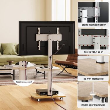 AOKCOS Rolling TV Stand with Wood Shelf - Adjustable Height & Swivel - Fits 32-65 Inch TVs - Up to 40kg, VESA 400x400mm