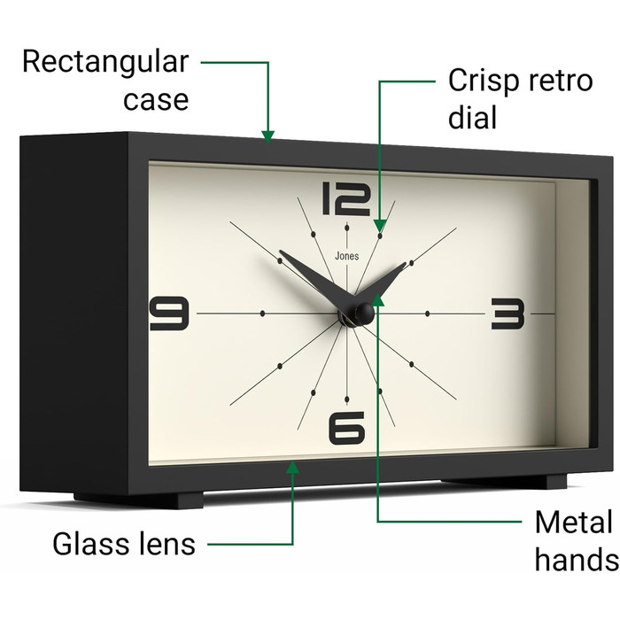 JONES CLOCKS® Desk Clock 'Odeon' – modern rectangular design in black, stylish retro look for shelf, table, mantelpiece or bedside table