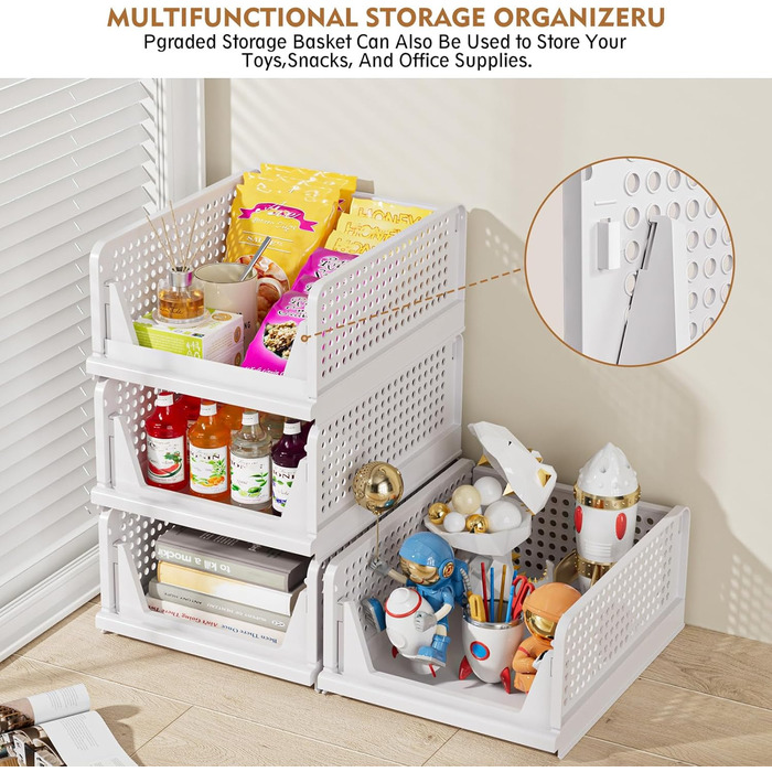 SNSLXH 5 Pack Stackable Closet Shelf Organizer, Multifunctional & Foldable Closet Organizer for Bathroom, Kitchen, Closet Storage, Space-Saving Closet Drawer Storage Box, White