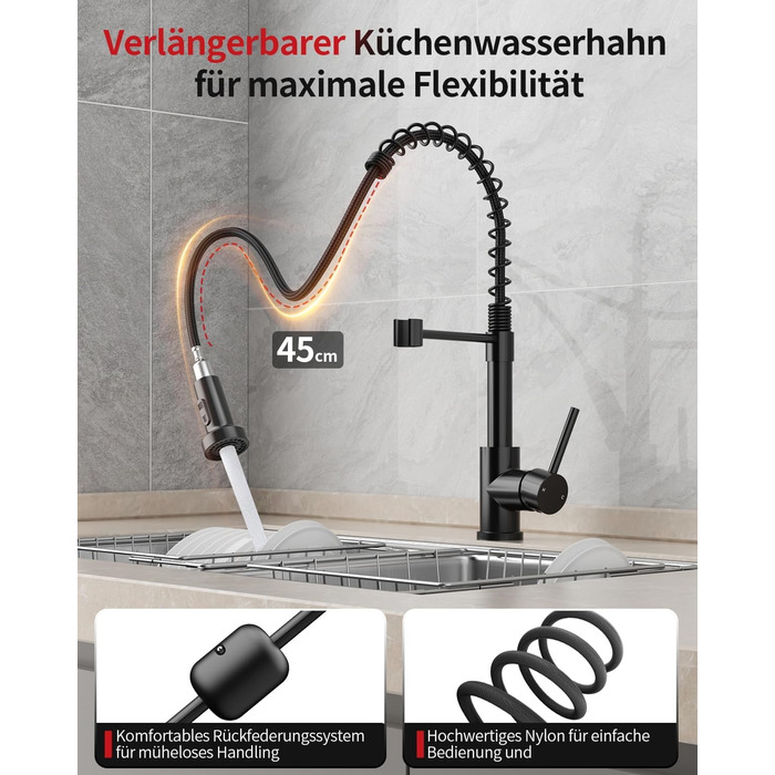 Кухонний змішувач Rainsworth з нержавіючої сталі, чорний, з висувною лійкою та двома струменями, 360° обертання, 45 см