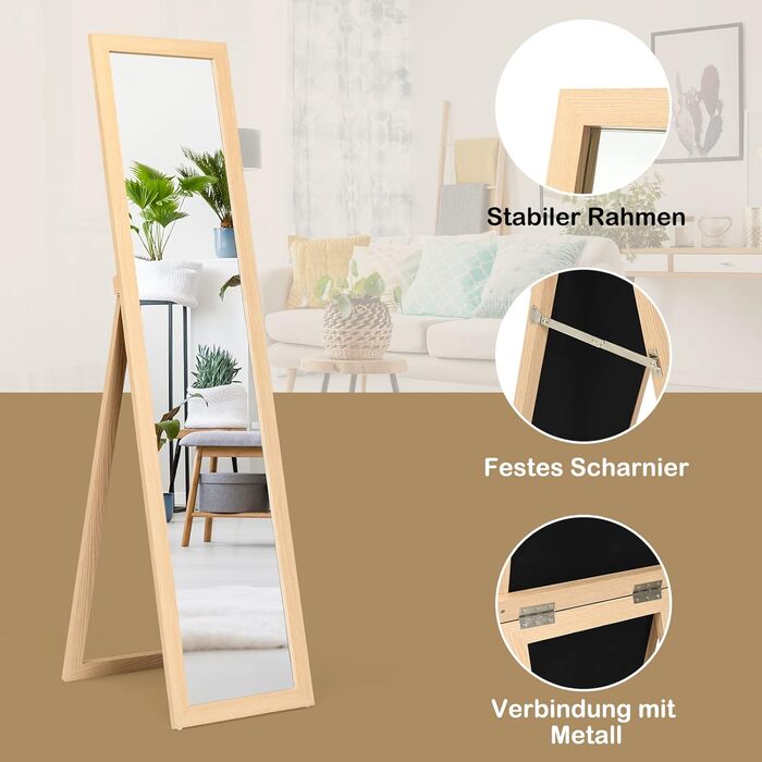 RELAX4LIFE Full-Body Mirror 2 in 1, Standing Mirror & Wall Mirror, Country-Style Wardrobe Mirror, Mirror with Wooden Frame, Adjustable & Freestanding, for Bedroom & Living Room & Business (Natural)