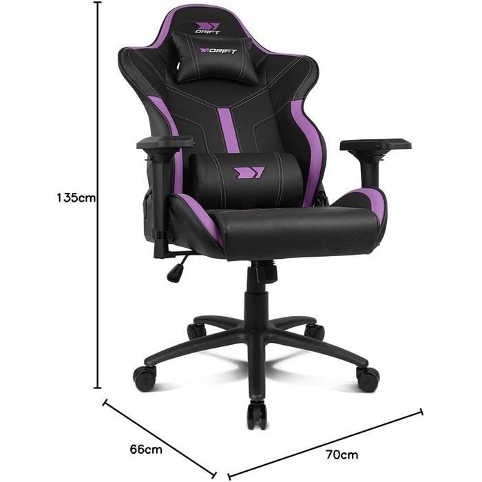 Професійне ігрове крісло DRIFT GAMING DR350 ергономічне, з 4D-підлокітниками, подушками під поперек та шию, нахил 135°, безшумні колеса, чорно-фіолетове