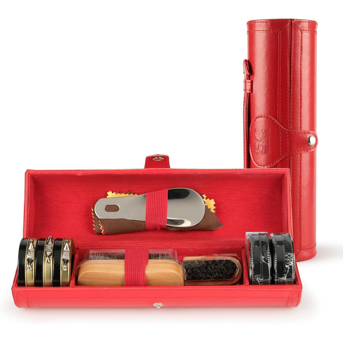 Stone & Clark 12-Piece Shoe Cream & Leather Care Set with Brown Wax, Shoe Brushes for Polishing, Compact Shoe Shine Kit with Horsehair Brushes & PU (Case: Hot Red)