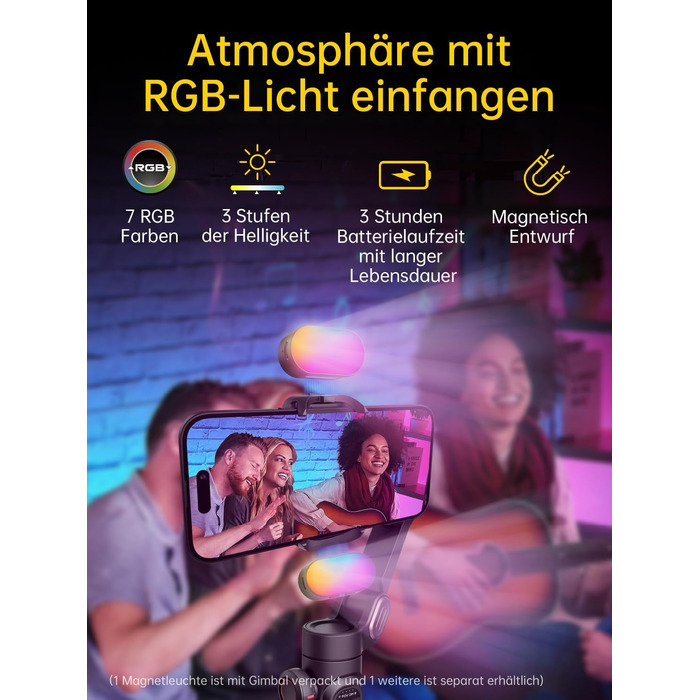 Гімбал AOCHUAN для смартфона з 3 осями стабілізації, RGB-підсвічуванням, трекінгом обличчя та регульованим кільцем фокусування. Підходить для iPhone/Android. Ідеальний для зйомки Vlog та створення контенту.