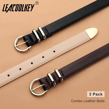 LEACOOLKEY 3 шт. жіночі тонкі шкіряні ремені для джинсів, суконь, вінтажні ремені з золотистою та сріблястою пряжкою (100 см), розмір талії 66-76 см, колір: чорний, кавовий, бежевий (глянцеве золото)