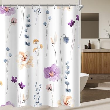 Штора для душу 240x200 см, квіти, поліестер, антигрибкова, водовідштовхувальна, з кільцями та утяжувачем (Ліловий)