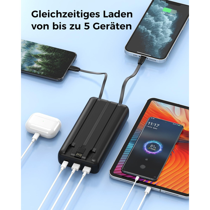 Повербанк Powerbank 50000mAh P500C з вбудованими кабелями та LED-дисплеєм, швидка зарядка USB-C, зовнішній акумулятор для iPhone, Android та планшетів, чорний