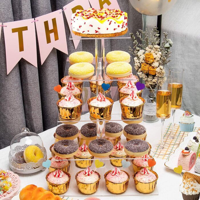 Підставка для капкейків з акрилу на 5 ярусів, 20 шпильок, прозора, для тортів та десертів, весілля, дні народження, барні вечірки, квадратна