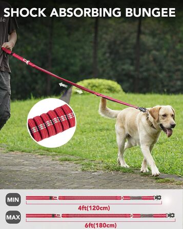 Тактична повідок для собак Joytale, еластична повідок з двома зручними ручками, страхувальний ремінь для автомобіля, повідок без ривка для собак середніх, великих та екстра-великих порід (1.2м-1.8м, червона)